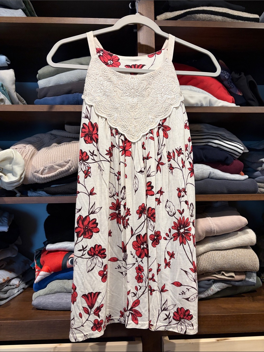 Anthropologie Cream Floral Lace Yoke Sundress with Red Flowers XS